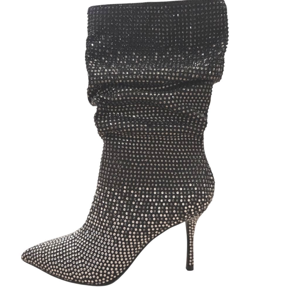 Thalia Sodi Black Ombre Rhinestone Heel Slouch Boots Festival Baddie Moto 6